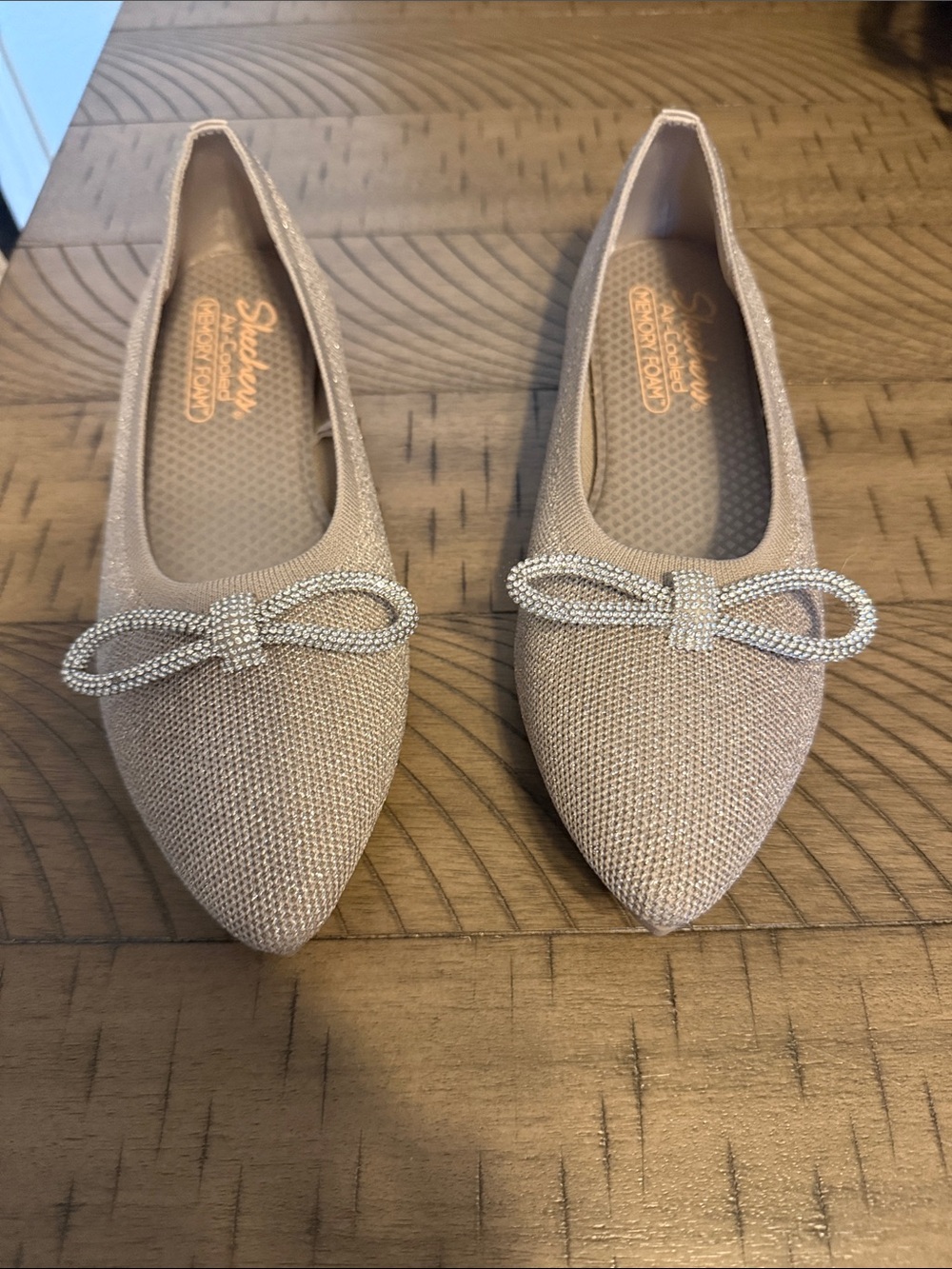 Skechers Pointed Toe Ballet Flat with Sparkle Bow in Blush more taupe color